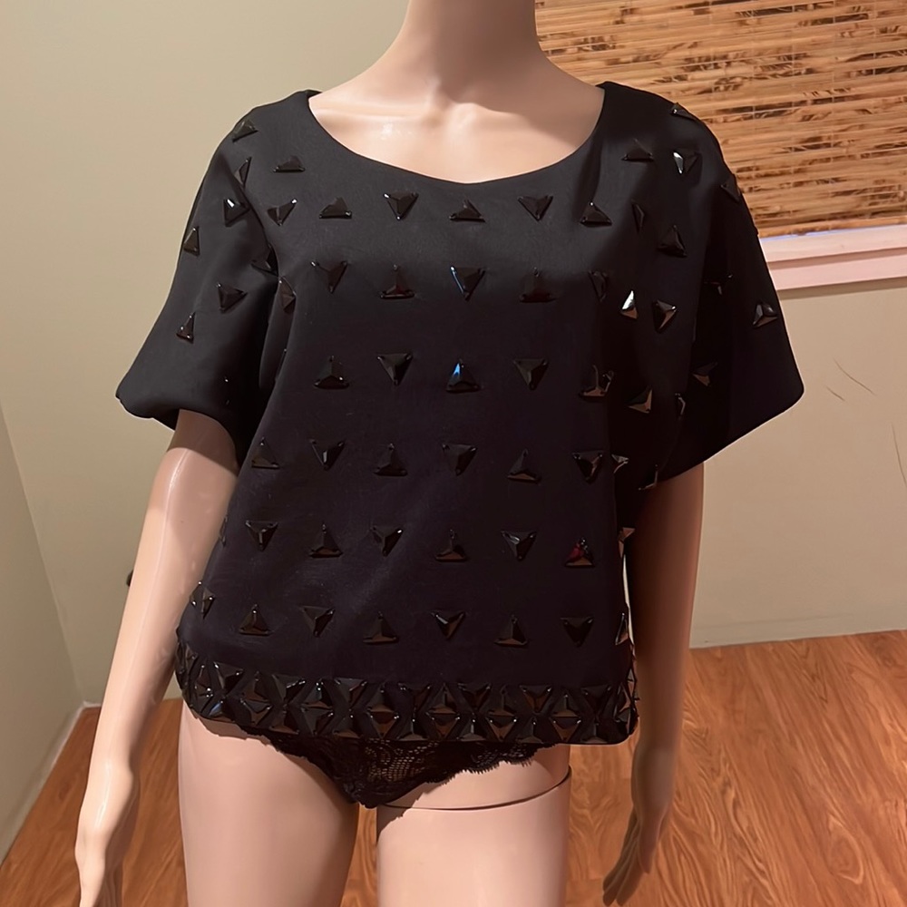 Marciano Black Beaded Scuba Style Short Sleeve Crop Top Size L